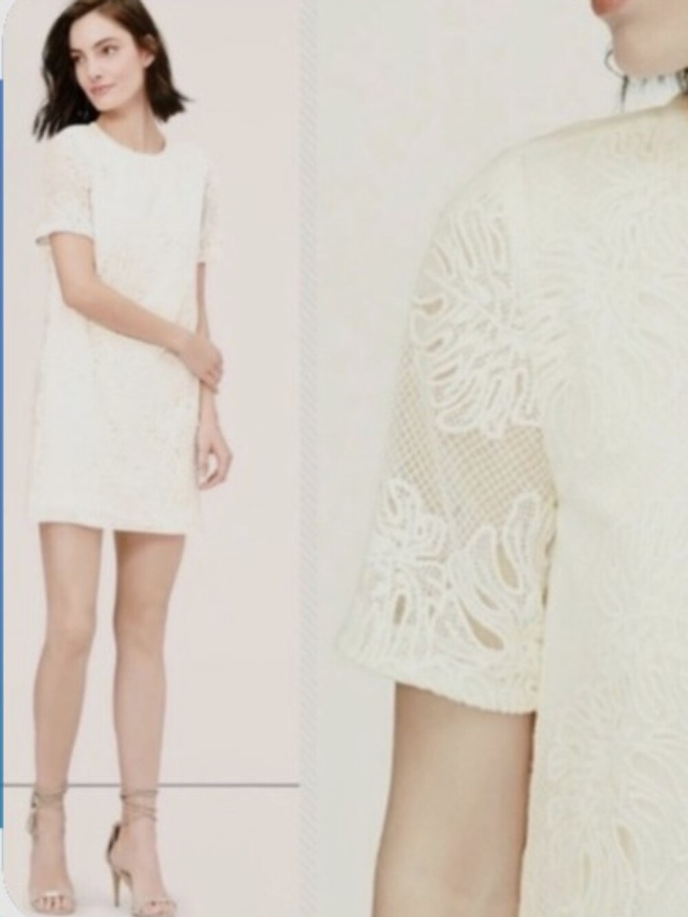 LOFT Cream Floral Appliqué Short Sleeve Shift Dress